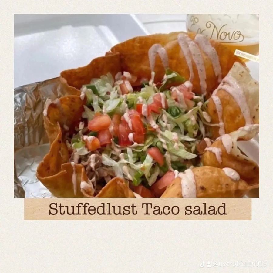 Stuffed Lust taco salad in a crispy sopapilla bowl