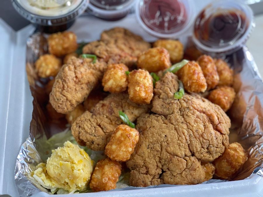 Fried chicken with tots and honey butter