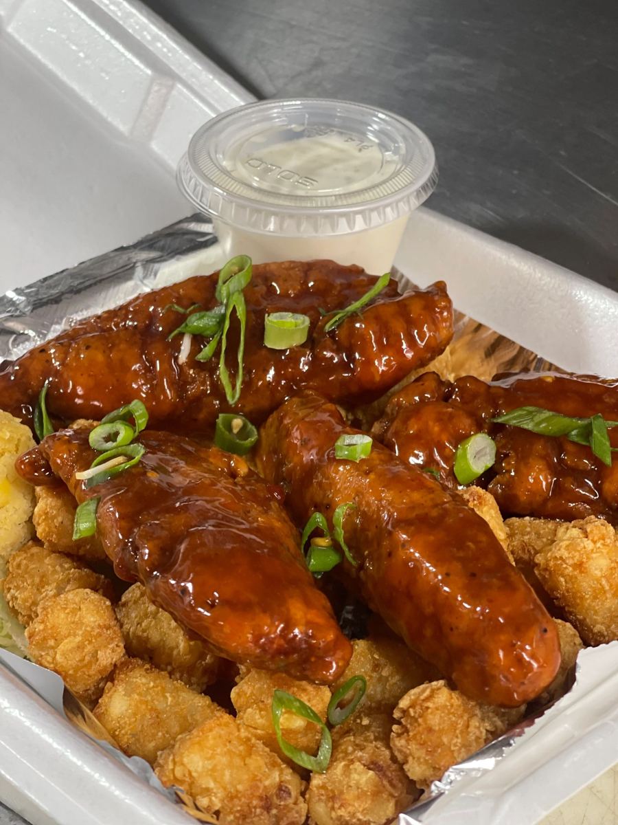 Glazed BBQ wings over tots with ranch